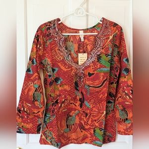 RAGA for Anthropologie Boho Resort Floral Top Blouse Sequin Orange Red Size MED